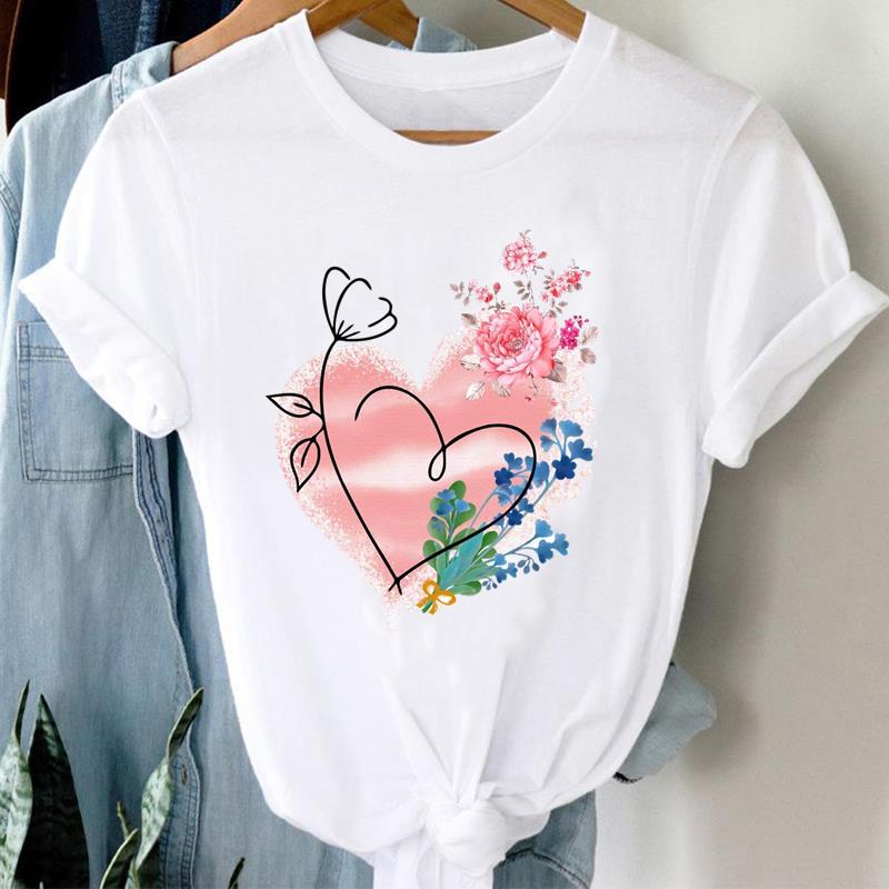 (Asian Size)  flower love heart Short Sleeve T Shirt Women Tee Top Clothing Casual Fashion Print Lady Female Graphic T-shirts
