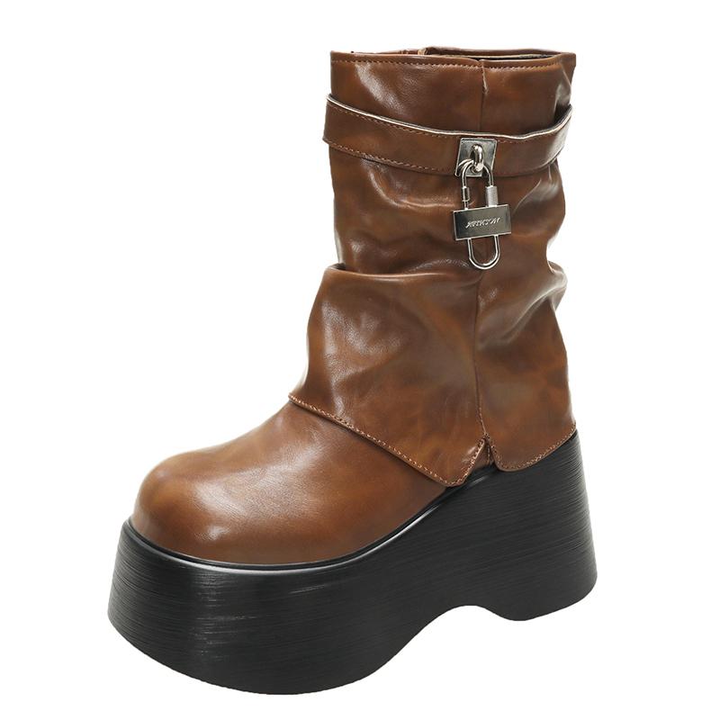 Fashion 10CM Women Chunky Ankle Boots Winter Height Increasing Warm Fur Snow Boots Lace Up Belt Buckle Sneakers Leather Motorcycle Boots