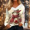 Women's Christmas Print Long Sleeve V-Neck Top with Plush Collar