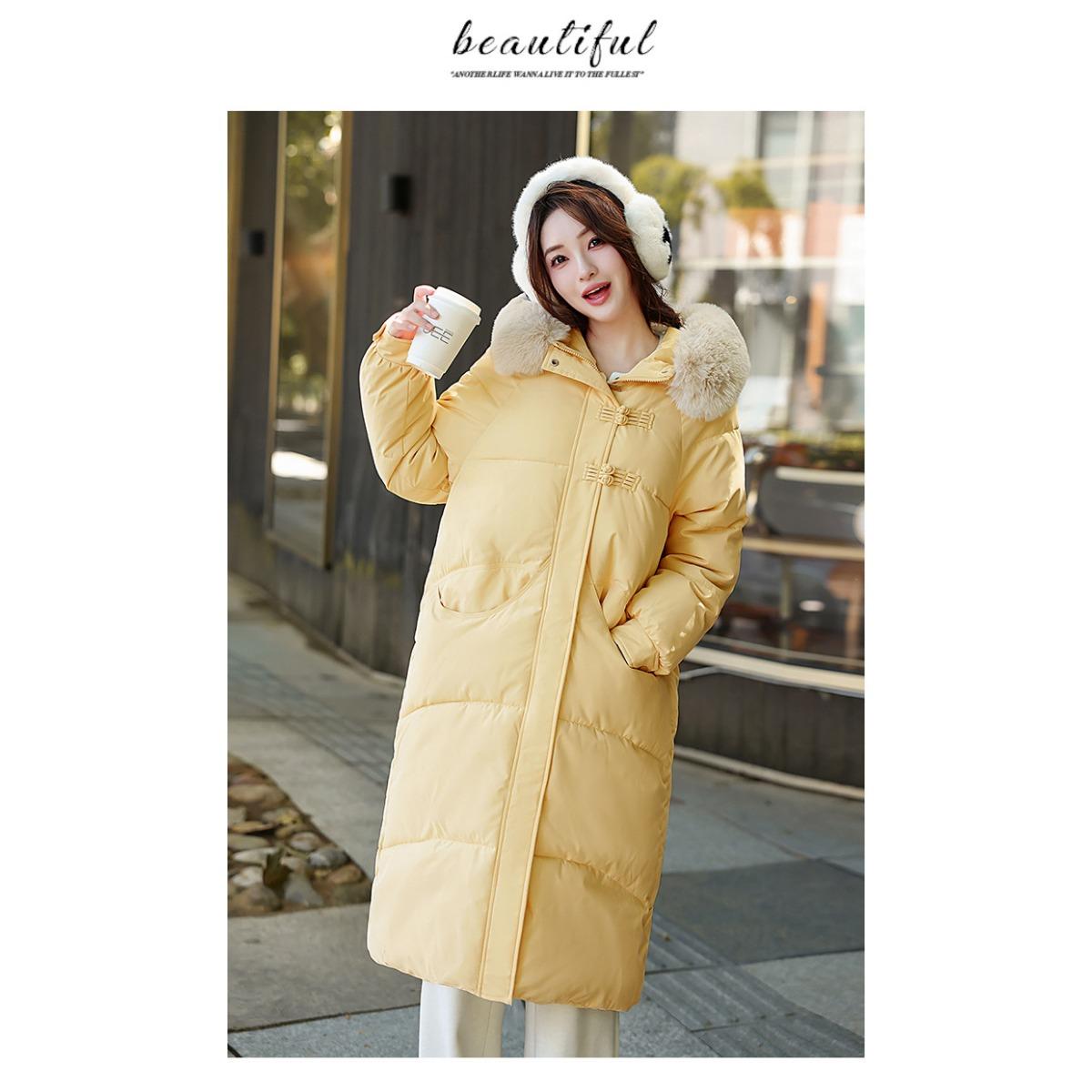 

Хлопковая женская зима 2025 новая средней длины высококлассная свободная и утолщенная куртка-пуховик из хлопка ниже колена теплая куртка XL жёлтый