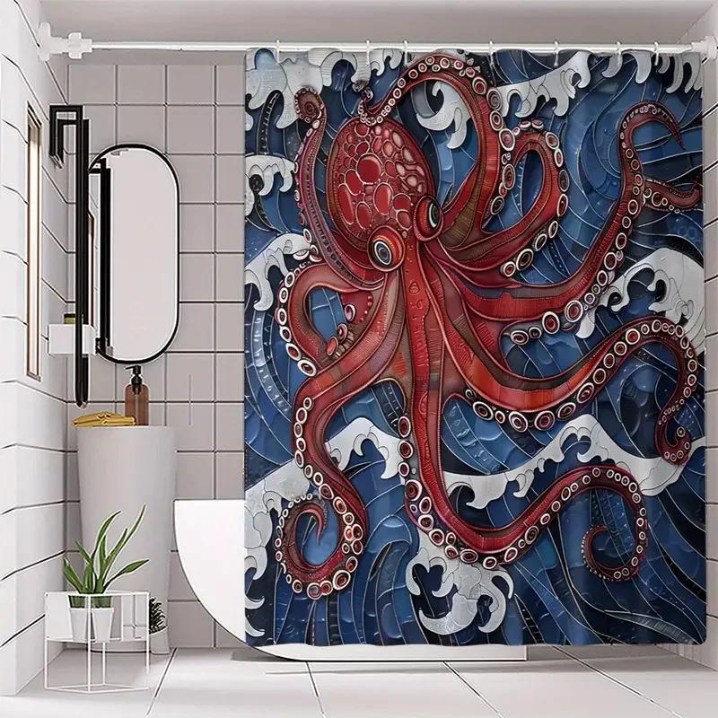 Vintage Nautical Octopus Waterproof Shower Curtain Navy Blue Mermaid Fun Ocean Sea Monster Bath Shower Curtain Anchorage Map