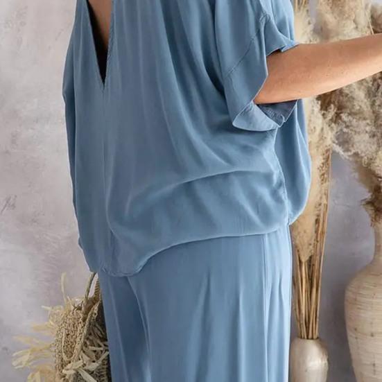 2 Teile/satz Damen Top Hosen Set Hohe Taille Einfarbig Weites Bein Faltenhose V-Ausschnitt Fledermausärmel Lockeres T-Shirt Lässiges Pendeloutfit Bluse Hosen Set