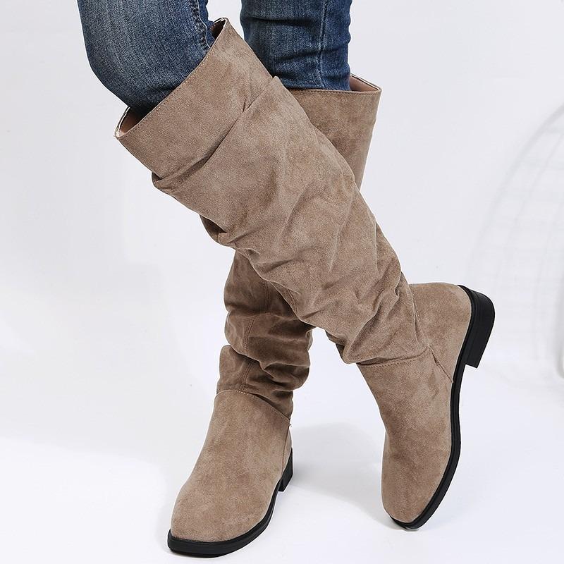 Women's Solid Color Comfortable Low Heels Fashion Pleated Knee-high Boots Round Head Square Heels Increase Large Size Women Shoe