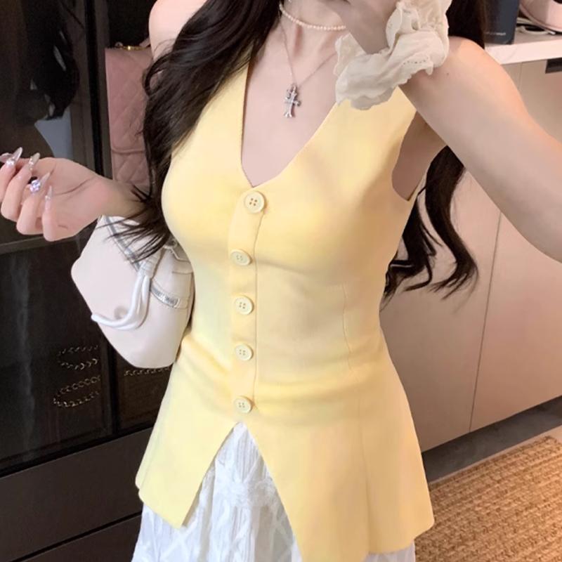 Summer Women'S Sexy Solid Color V-Neck Single-Breasted Sleeveless Slim Knitted Vest