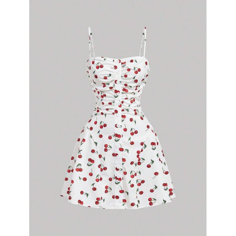 Europe, America 2026 summer new temperament vacation flower print pleated design suspender dress