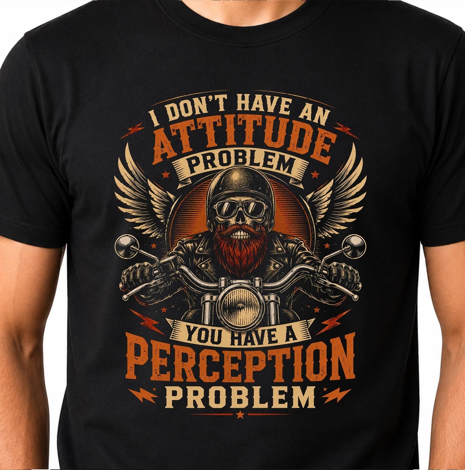 Skull Biker Beard Attitude Problem Graphic Motorcycle Rider Funny Wings Tee. XL