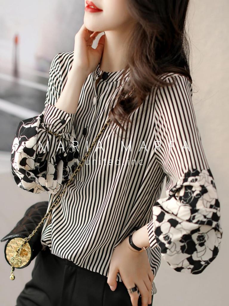 MARIA MARFA Floral and Striped Soft and Women's Blouse, Fluffy, Office-Ready, Neat, Cute, Modern, Spring, Black, 5S-M09-BKXL