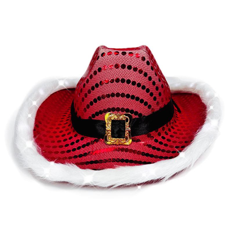Red Sequin with White LED Light Cowboy Hat Santa Claus Black Ribbon Gold Buckle Western Top Hat with Light Hat