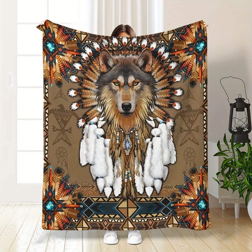 Indian totem wolf pattern digital-printed polyester Bedroom velvet flannel cover blanket Fleece soft cover blankets for beds