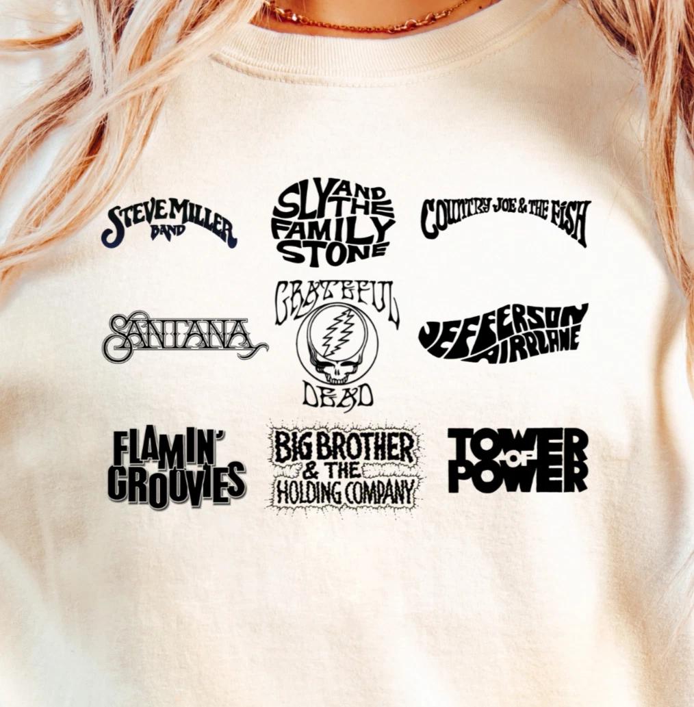 Classic Bay Area Rock Band Logo collage T-Shirt, San Francisco Scene Tee XL