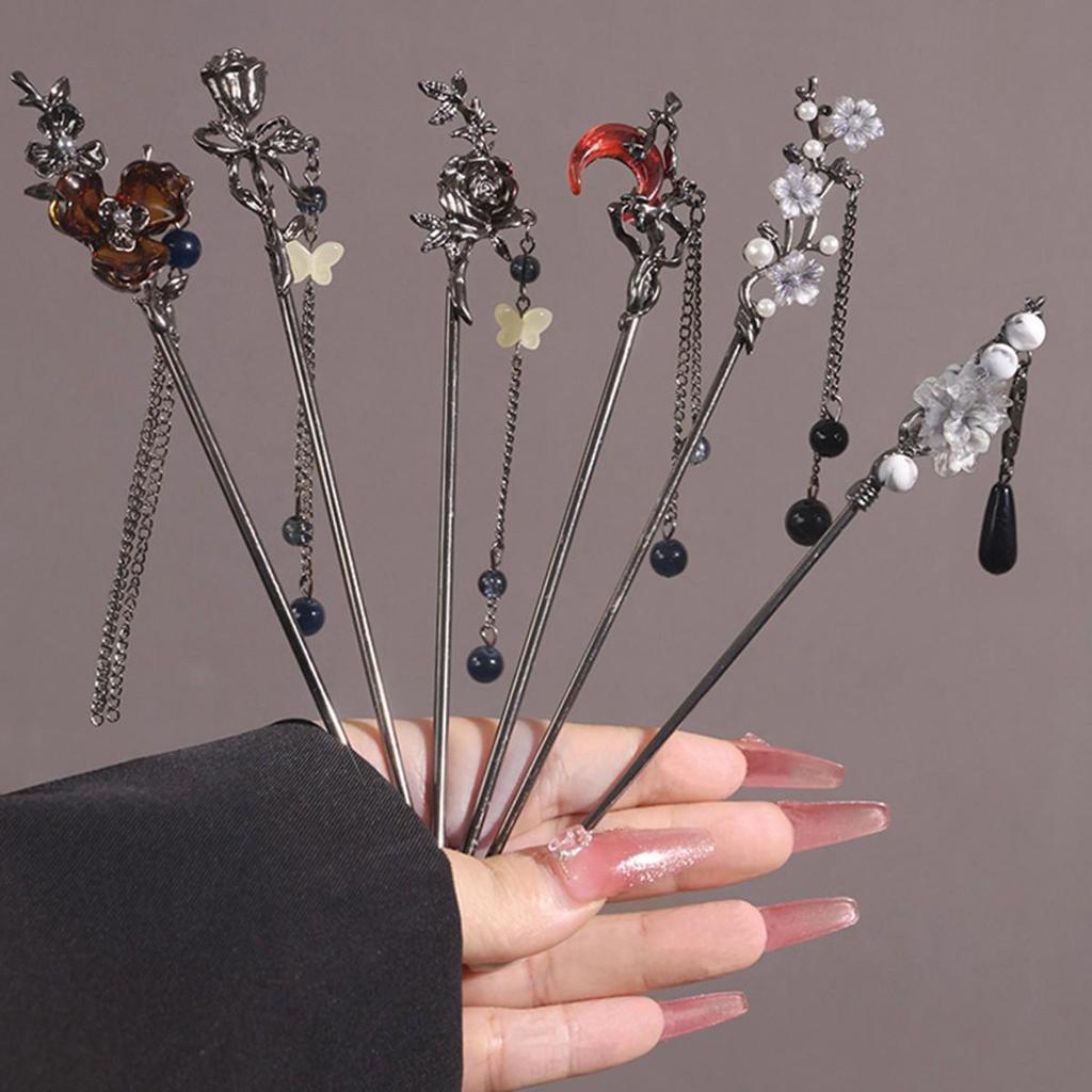 Red Moon Chinese Rose Tassel Hairpin for Updo - Hanfu Style