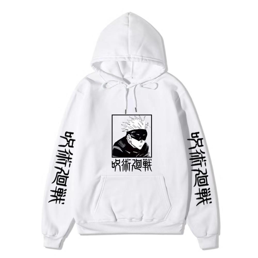Men Women Fleece Hoodie Gojo Manga Art Two Sleeve Vertical Japanese Characters Casual Anime Hooded Sweatshirt
