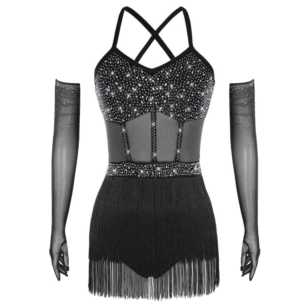 Womens Sheer Mesh Patchwork Bodysuit Dress Tiered Tassel Design Long Gloves Shiny Rhinestone Latin Dance Dress