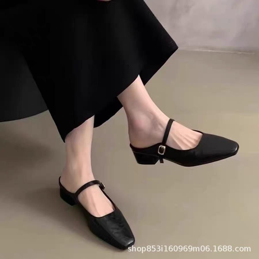 

French temperament square head thick heel Mary Jane slippers women 2025 summer new wear pointed fashion cool slippers women 35 чёрный