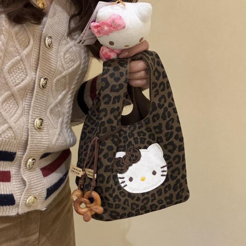 Cute Hello Kitty Leopard Print Handbag Personalized Versatile Handbag Portable High Value Cartoon Storage Bag Canvas Bag