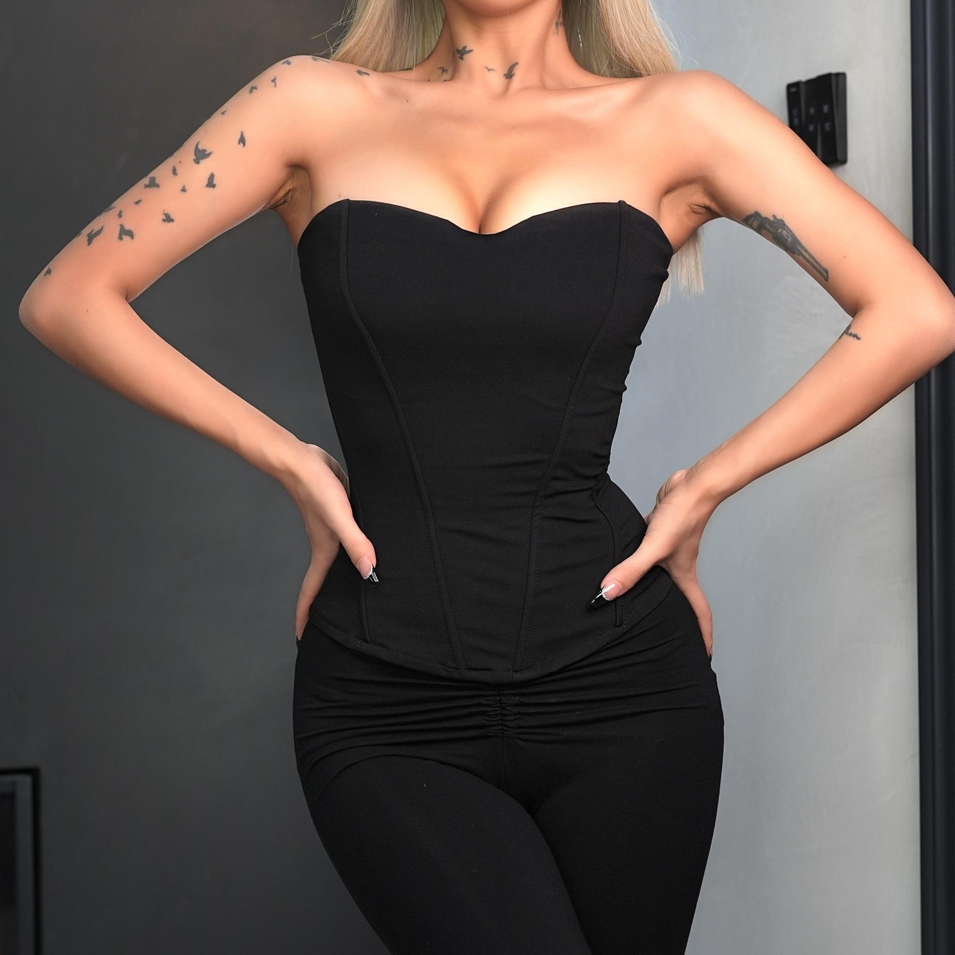 Fish bone body sculpting comes with chest pad, chest wrap vest, female sexy slim fit, high waist style, fashion bra, fashion tube top. S чёрный
