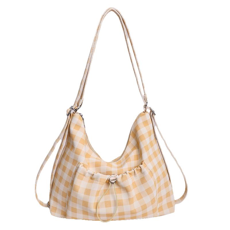 Fresh Plaid Drawstring Shoulder Bag, New Large Capacity Sports Outdoor Crossbody Bag, Versatile Stylish Women's Bag