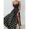 Women's Summer Lemon Floral Print Spaghetti Strap Midi Dress Tie Front Low Cut High Waist Side Slit Elegant Vacation Party Dress