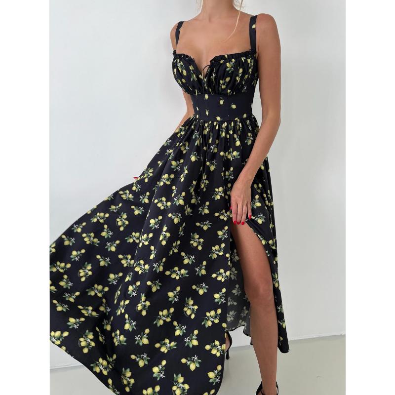 Women's Summer Lemon Floral Print Spaghetti Strap Midi Dress Tie Front Low Cut High Waist Side Slit Elegant Vacation Party Dress