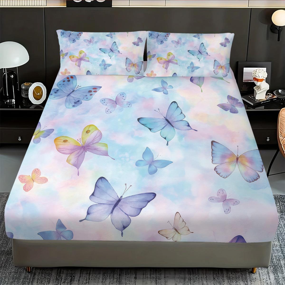

3pc Dreamy Color Romantic Butterfly Print Coreless Bed Sheet Set Multiple Sizes Soft Comfortable Bed Cover Bedding Machine Washe 90x191cm