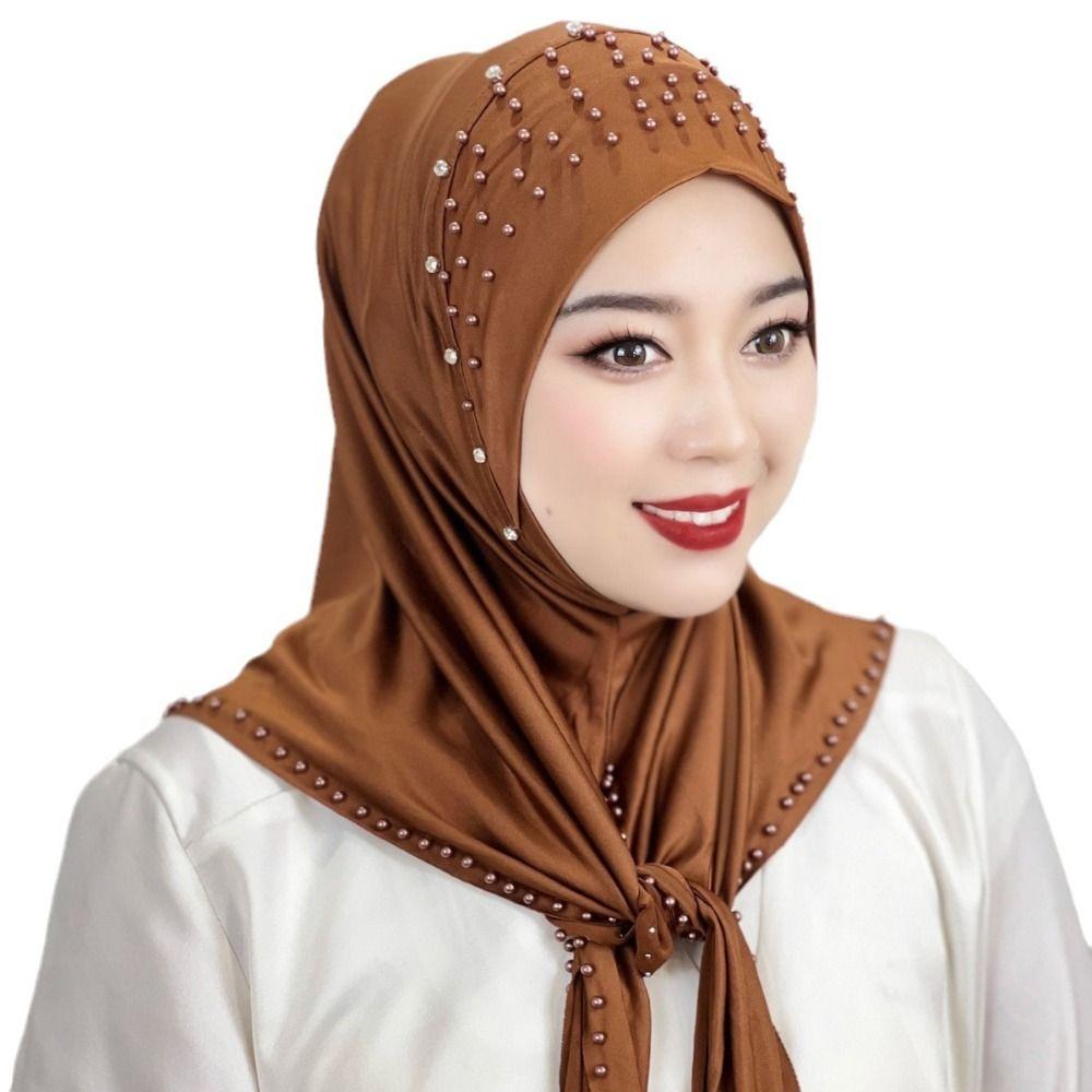 Beaded Arabic Hijab Hats Solid Color Turkish Head Wrap Scarf Comfortable Muslim Hijab  Woman