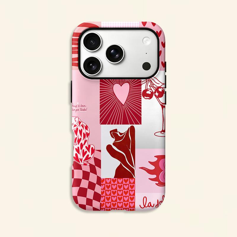 Pink Red Heart Cherry Checkered Collage Print Soft Silicone Phone Case Valentine Retro Shockproof Cover For iPhone 17 16 15 14 13 12 11 Pro Max