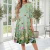 Women's Casual Floral Print Midi Dress Three Quarter Sleeve Round Neck Loose Fit Comfortable Everyday Dress with Pockets