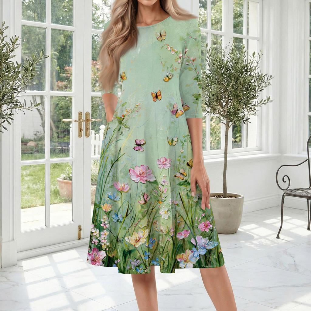 Women's Casual Floral Print Midi Dress Three Quarter Sleeve Round Neck Loose Fit Comfortable Everyday Dress with Pockets