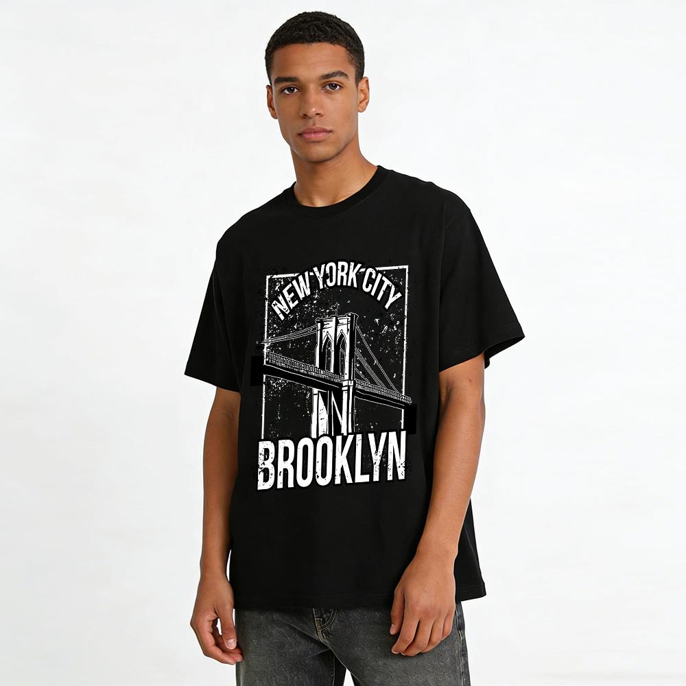 New York City Brooklyn Bridge Print Retro Unisex Casual T-Shirt Pure cotton T-shirt