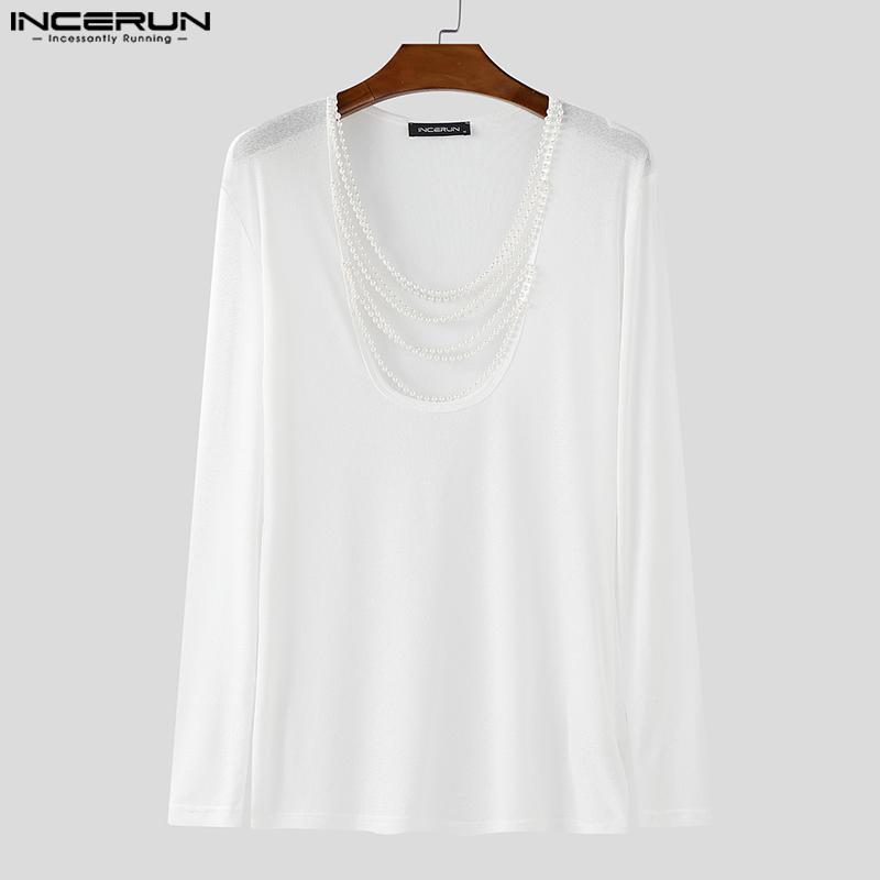 INCERUN Men Beading Low Cut Neck Long Sleeve Fitted Tops T-shirts Undershirts