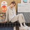 Korean Style Velvet Pajama Set: Warm Long Sleeve Top & Pants for Women – Autumn/Winter