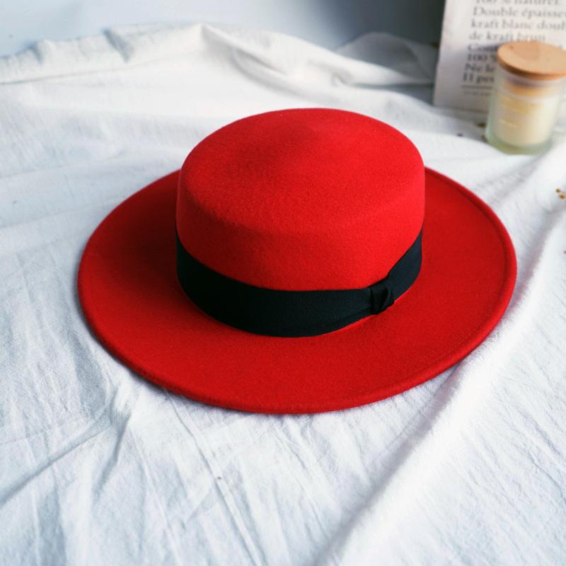 Big Red Green Flat Top Top Hat Female Autumn And Winter Foreign Trade Trend British Retro Street Panama Woolen Felt
