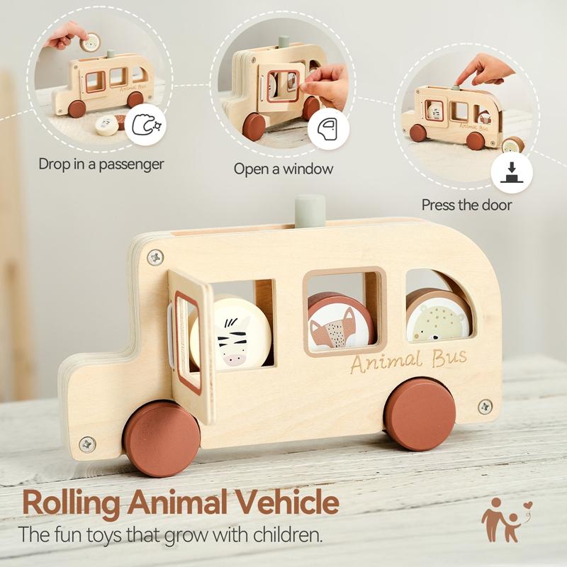 1PC Wooden Bus Toy Montessori Hand-pushed Car Baby Hand-eye Coordination Exercise Toys Parent-child Interactive Games Baby Gifts