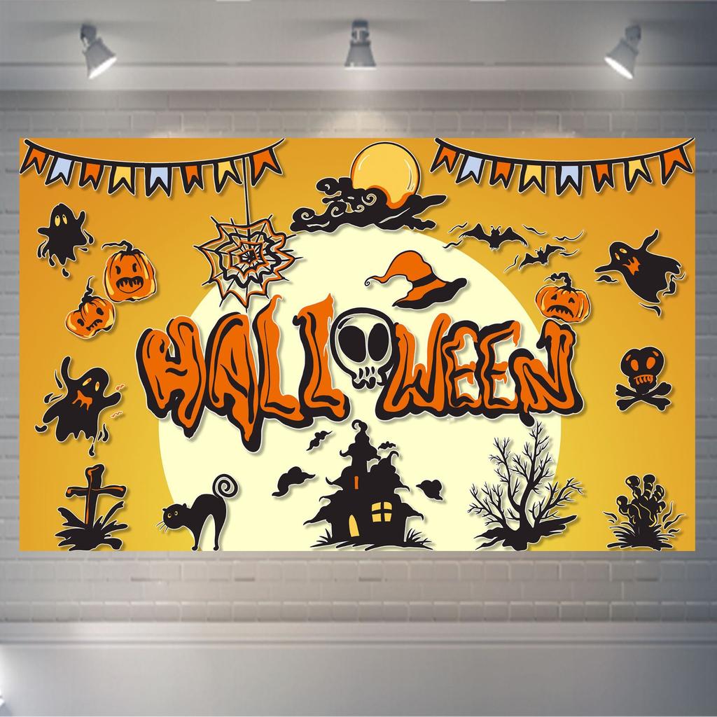 1pc Orenge Halloween Party Backdrop Scary Night Moon Ghost Skull Pumpkin Bats Banner for Halloween Party Background Decoration