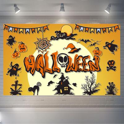 1pc Orenge Halloween Party Backdrop Scary Night Moon Ghost Skull Pumpkin Bats Banner for Halloween Party Background Decoration