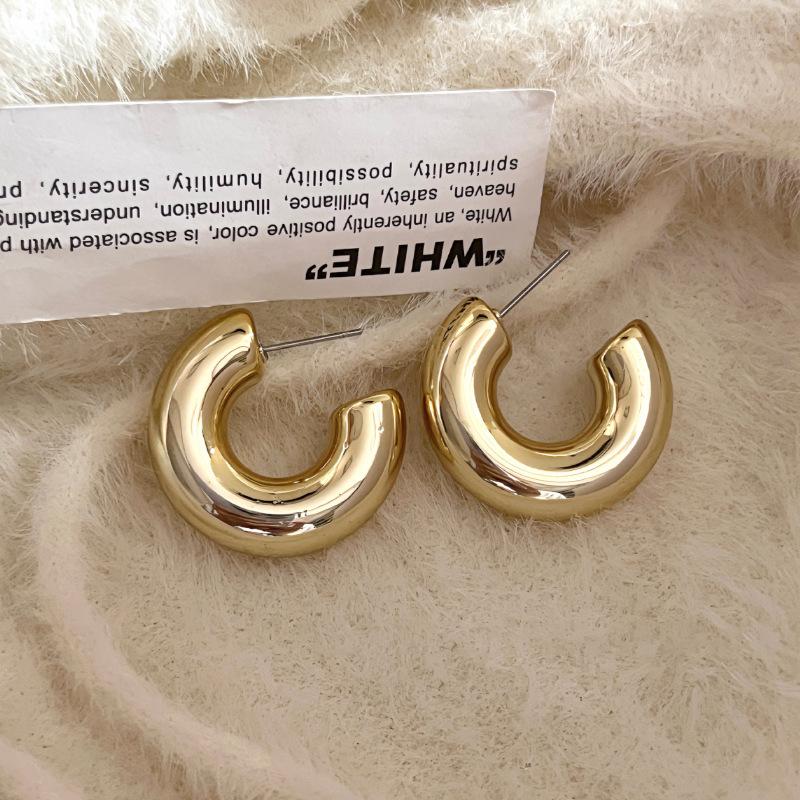 Gold French Simple Round Plain Ring Earrings Light Luxury Earrings Hong Kong Style Earrings