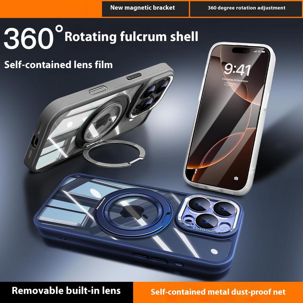 For iPhone 16 Pro Case Magnetic Rotating Kickstand PC+TPU Phone Cover with Detachable Camera Lens Film