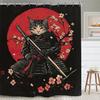 Japanese Samurai Black Cat Bathroom Shower Curtain Cherry Blossom Cool Funny Hilarious Black Polyester Fabric 12 Plastic Hooks