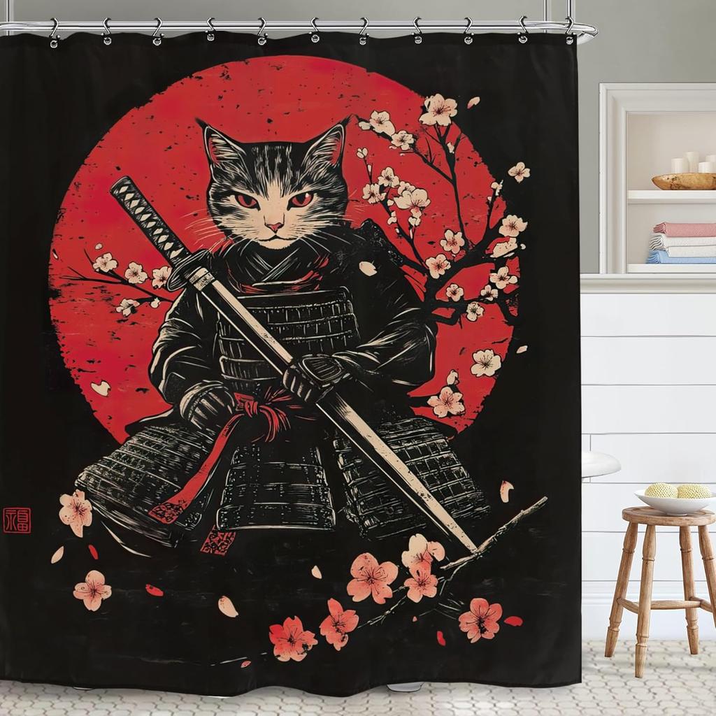 Japanese Samurai Black Cat Bathroom Shower Curtain Cherry Blossom Cool Funny Hilarious Black Polyester Fabric 12 Plastic Hooks