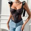 Summer Lace Flowers Embroidery Lingerie Women Tight Corset Sexy Mesh Breathable Fish Bone Shapewear Bow Sling Low Collar Tops