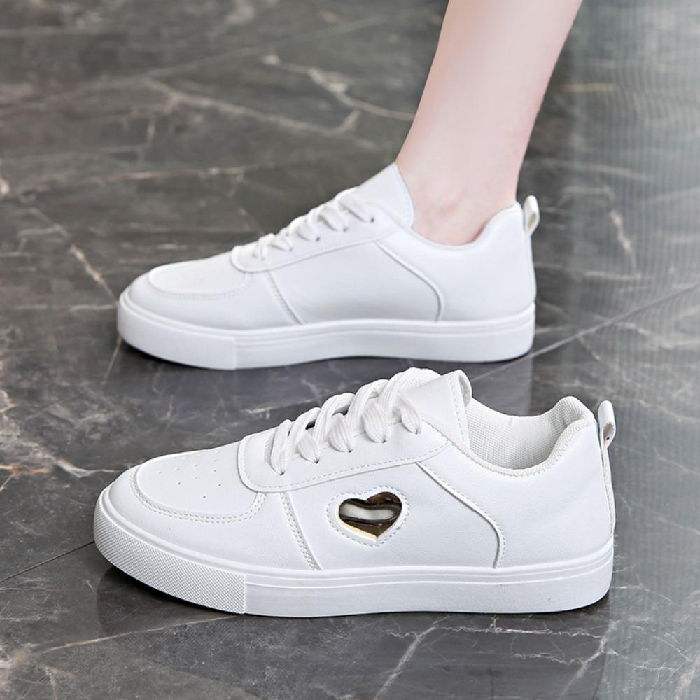 Spring Autumn Pure White Casual Sports Shoes Breathable Round Toe Lace Up Women's Casual Comfortbale Flat Sneakers