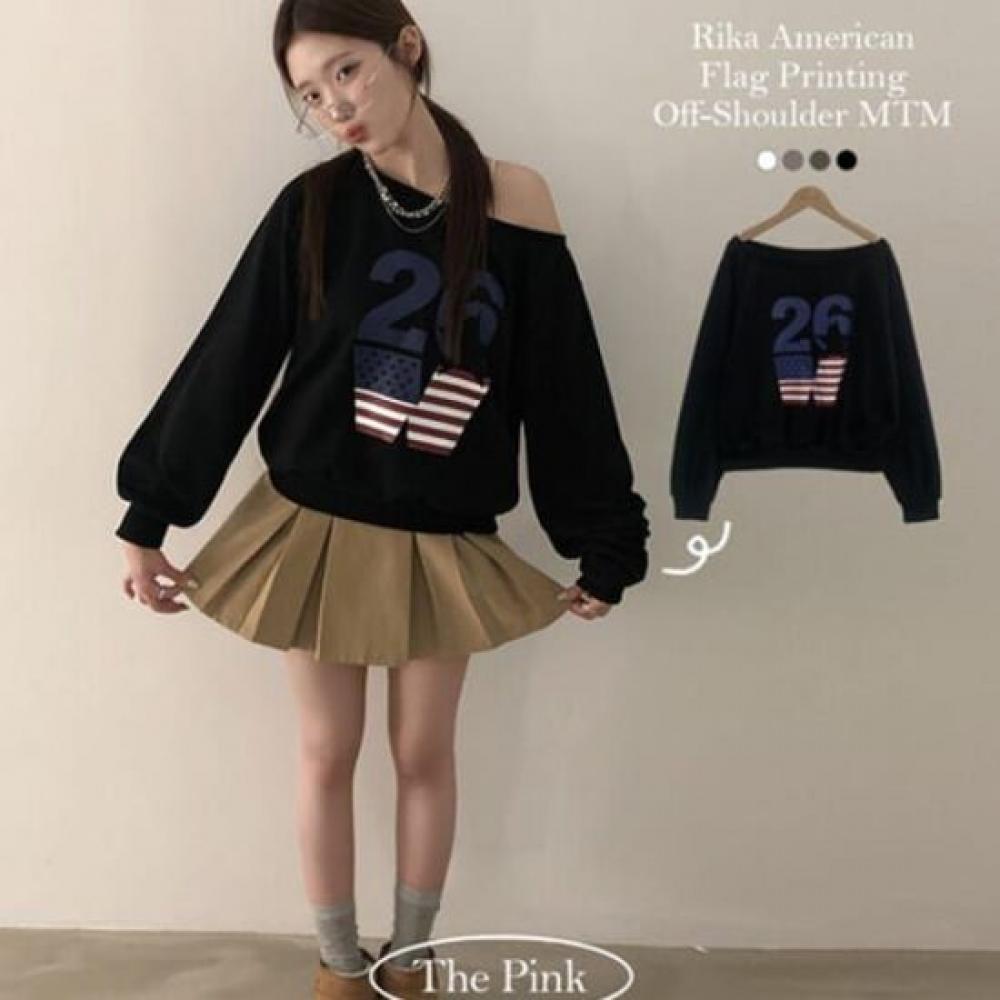 The Pink Rika Flag Print Off Shoulder Sweatshirt