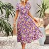 Women Summer Dress Flower Print A Line Loose Hem Patchwork Short Sleeves Irregular Short Sleeve Split Hem Lace Up High Waist Lady Midi Dress