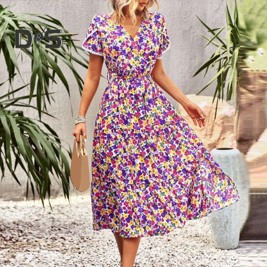 Women Summer Dress Flower Print A Line Loose Hem Patchwork Short Sleeves Irregular Short Sleeve Split Hem Lace Up High Waist Lady Midi Dress