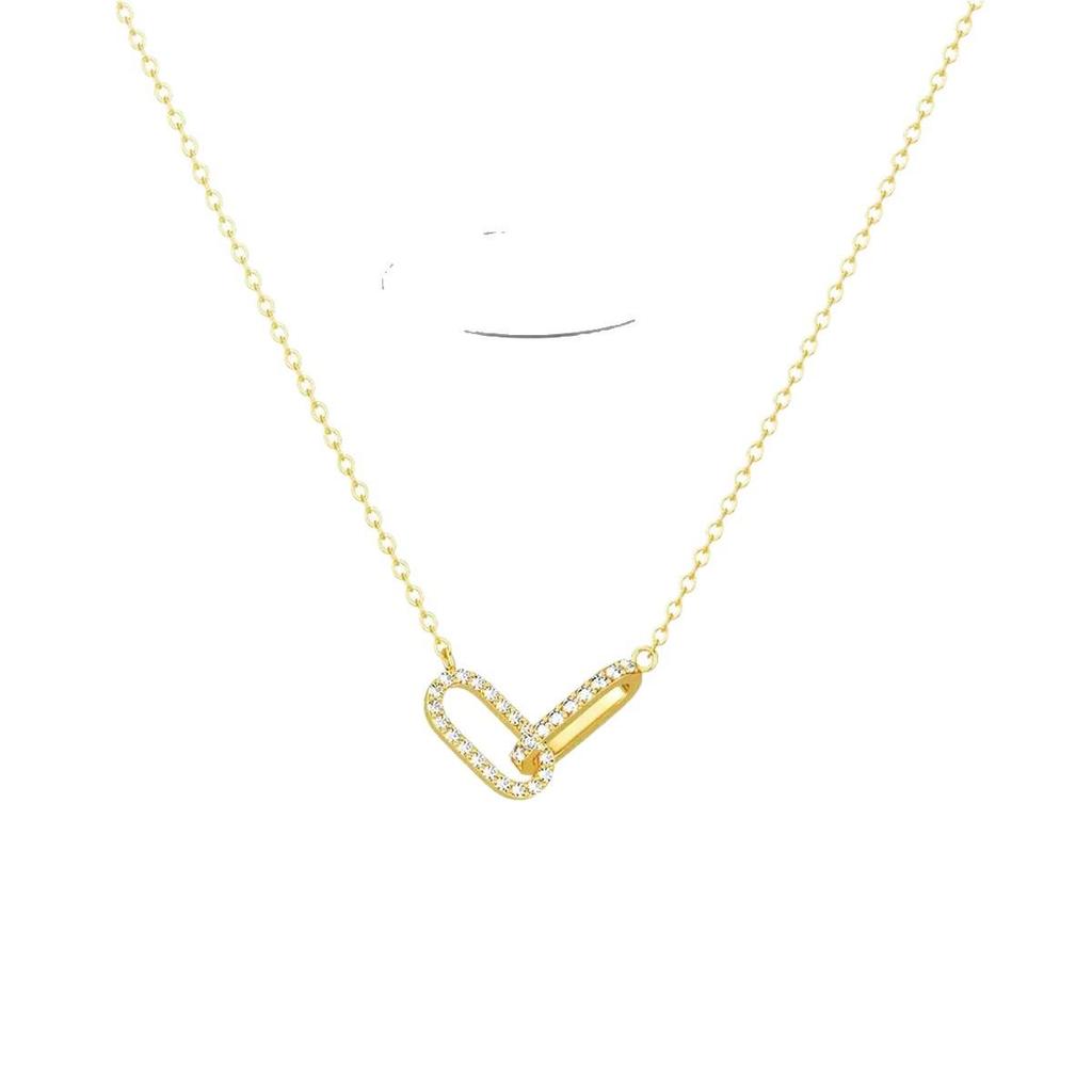 Copper Zirconia Paperclip Pendant Necklace with Double Oval Ring Brooch for Women