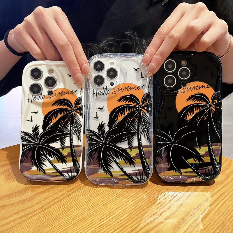 Cream Wave Curved Silicone Glossy Soft Case Sunset Coconut Tree Printed Shell Mobile Phone Back Cover for iPhone Samsung Xiaomi