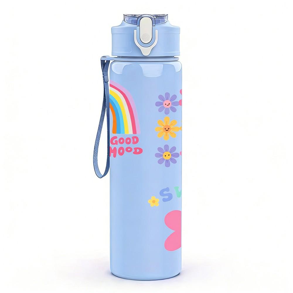 1PC Rainbow Sun Flower Cute Pastel Print 750ml Color Plastic Sports Water Bottle Leakproof Flip Straw Lid Suitable for Sports Office Home Use