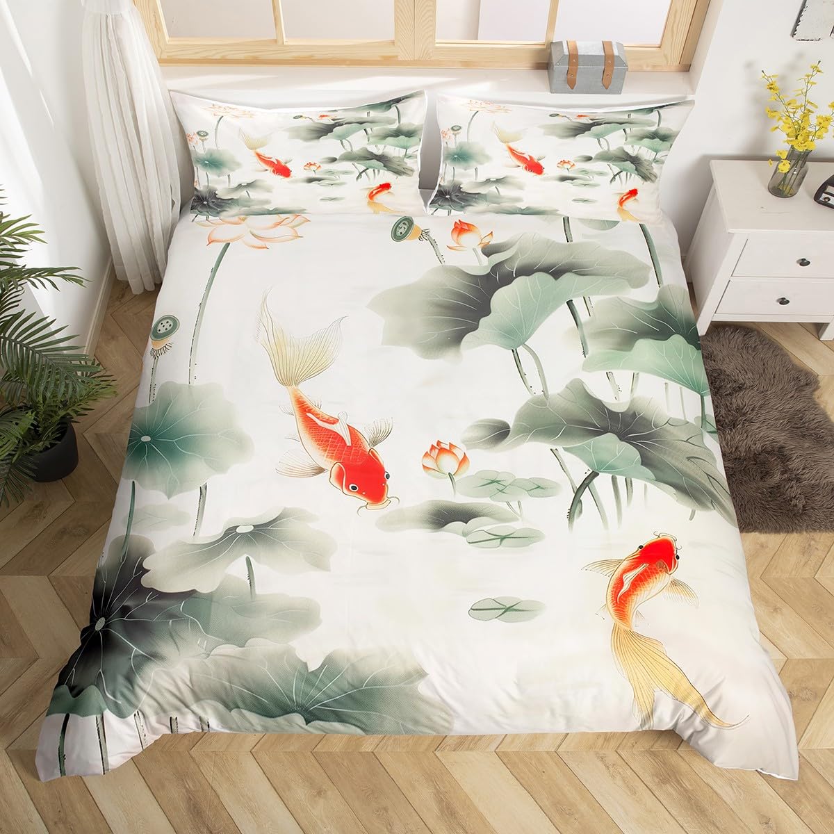 

Koi Fish Duvet Cover Full Queen Japanese Cherry Blossom Tree Bedding Set Marine Sealife Comforter Cover For Kids Teen Room Decor EU Single(135x200cm)