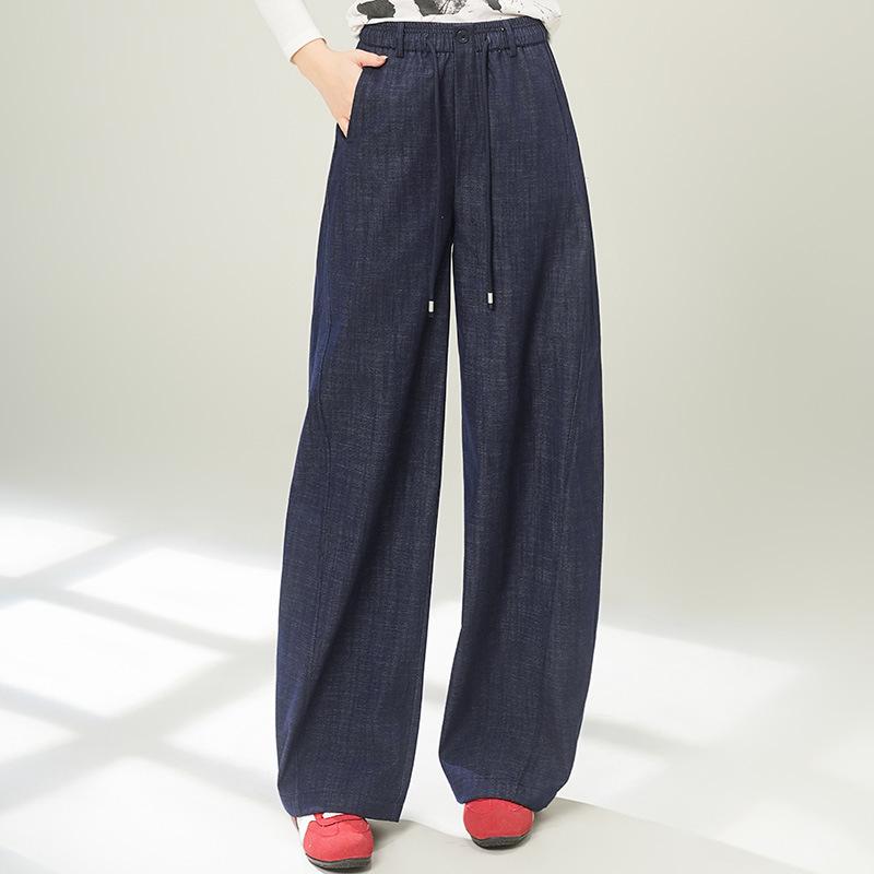 

2026 Spring Women s Wide-Leg Drawstring Pants - Elastic Waist, Floor-Length, Slimming Casual Fit. L джинсовый синий