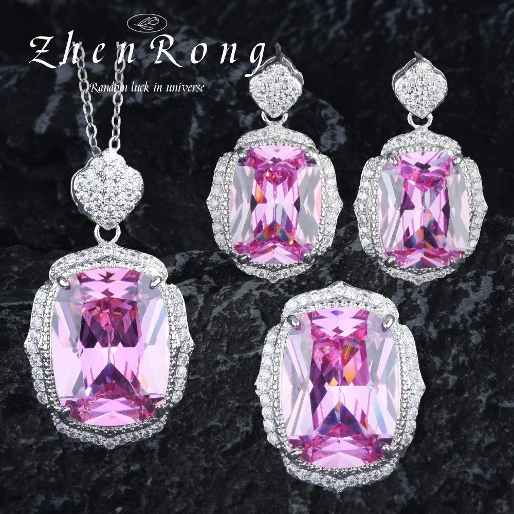 Elegant Vintage Peach Blossom Jewelry Set Pink Crystal Ring Earrings Necklace for Women